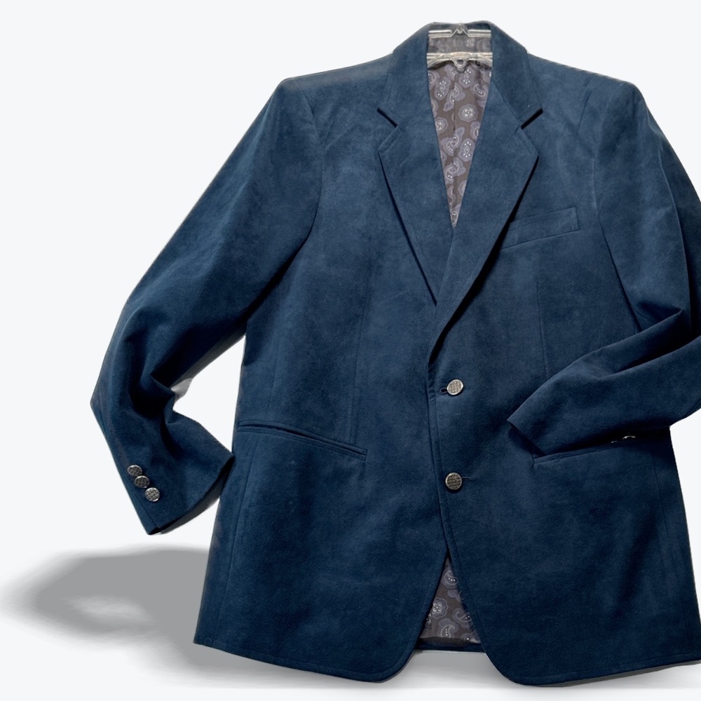 VTG Faux Suede Blazer Blue 1970s Paisley Lining Kings Custom Tailor Hong Kong 38